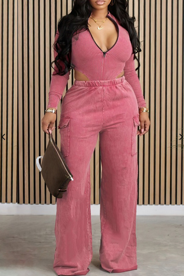 Pink Street Solid Patchwork Pocket Zipper O Neck Long Sleeve Two Pieces