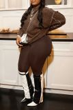 Coffee Casual Solid Patchwork O Neck Long Sleeve Two Pieces