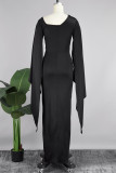 Black Sexy Casual Solid Patchwork Slit O Neck One Step Skirt Dresses