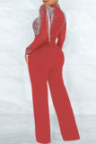 Red Casual Solid Tassel Patchwork See-through Hot Drill Zipper O Neck Regular Jumpsuits