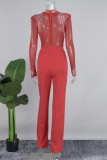 Red Casual Solid Tassel Patchwork See-through Hot Drill Zipper O Neck Regular Jumpsuits