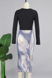 Purple Casual Print Patchwork O Neck Long Sleeve Two Pieces