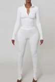 White Casual Solid Patchwork Slit Zipper Mandarin Collar Long Sleeve Two Pieces