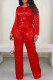 Red Casual Solid Patchwork O Neck Long Sleeve Two Pieces