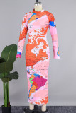 Pink Orange Casual Print Basic Half A Turtleneck Long Sleeve Dresses