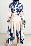 Apricot Elegant Print Patchwork With Belt Turndown Collar Irregular Dress Dresses