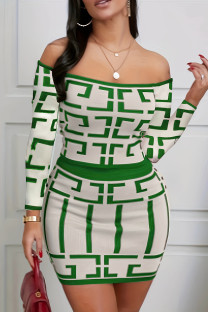Green Casual Print Patchwork Off the Shoulder Long Sleeve Two Pieces