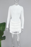 White Casual Solid Hollowed Out Patchwork Half A Turtleneck Long Sleeve Dresses