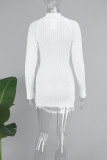 White Casual Solid Hollowed Out Patchwork Half A Turtleneck Long Sleeve Dresses