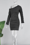 Black Casual Solid Patchwork Oblique Collar Long Sleeve Dresses