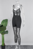 Black Sexy Solid Patchwork See-through Backless Spaghetti Strap Skinny Jumpsuits
