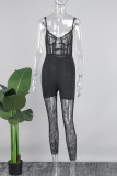 Black Sexy Solid Patchwork See-through Backless Spaghetti Strap Skinny Jumpsuits