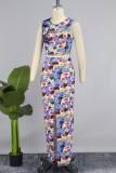 Multicolor Sweet Print Patchwork Slit O Neck Sleeveless Two Pieces