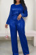 Blue Casual Solid Patchwork O Neck Long Sleeve Two Pieces