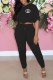 Black Casual Print Letter O Neck Half Sleeve Two Pieces