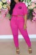 Rose Red Casual Print Letter O Neck Half Sleeve Two Pieces