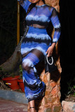 Blue Sexy Print Patchwork O Neck Long Dress Dresses
