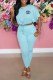 Light Blue Casual Print Letter O Neck Half Sleeve Two Pieces