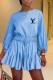 Light Blue Elegant Print Patchwork Letter O Neck Loose Rompers