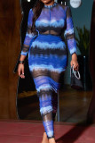 Blue Sexy Print Patchwork O Neck Long Dress Dresses