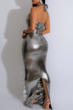 Grey Sexy Solid Hollowed Out Patchwork Metal Accessories Decoration Halter Long Dress Dresses
