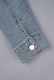 Light Blue Sweet Solid Patchwork Pocket Buckle Turndown Collar Long Sleeve Mid Waist Regular Denim Jumpsuits