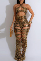 Khaki Sexy Solid Hollowed Out Patchwork Metal Accessories Decoration Halter Long Dress Dresses