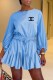 Light Blue Elegant Print Patchwork Letter O Neck Loose Rompers