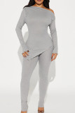 Grey Casual Solid Patchwork Off the Shoulder Long Sleeve Two Pieces