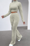 Deep Blue Casual Solid Patchwork Turtleneck Long Sleeve Two Pieces