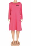 Light Blue Casual Print Letter O Neck A Line Dresses