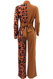 Tangerine Red Casual Print Patchwork Buckle Turndown Collar Regular Jumpsuits