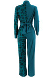 Tangerine Red Casual Print Patchwork Buckle Turndown Collar Regular Jumpsuits