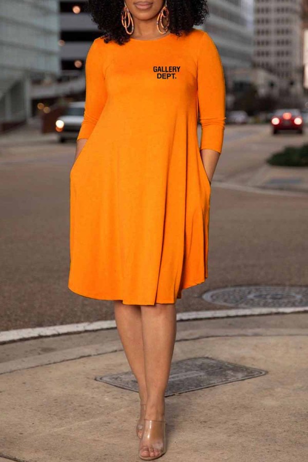 Orange Casual Print Letter O Neck A Line Dresses