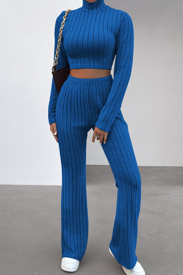 Deep Blue Casual Solid Patchwork Turtleneck Long Sleeve Two Pieces