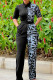 Black Casual Print Patchwork Buckle Turndown Collar Regular Jumpsuits