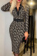 Black Elegant Print Patchwork With Belt V Neck Pencil Skirt Dresses（Belt Included）