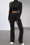 Deep Blue Casual Solid Patchwork Turtleneck Long Sleeve Two Pieces