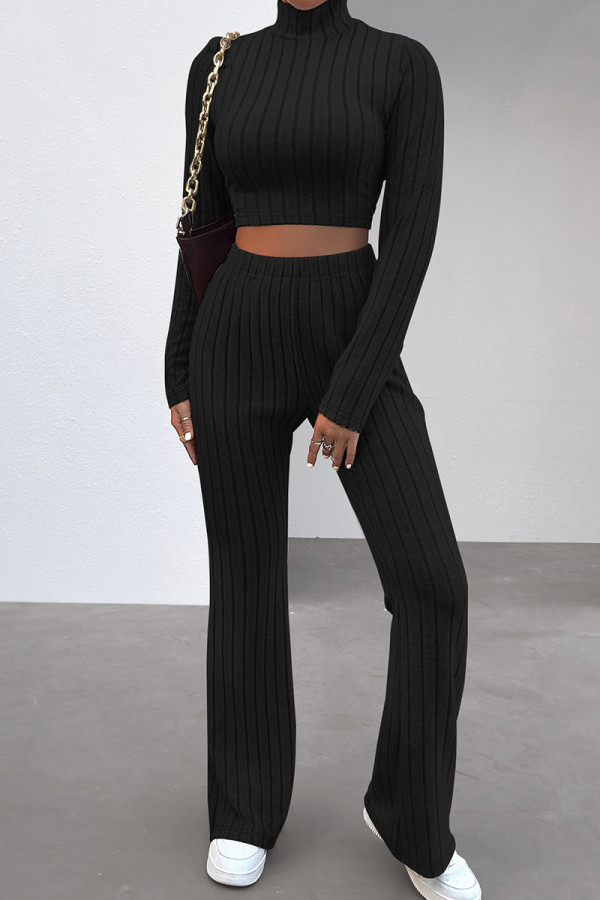 Black Casual Solid Patchwork Turtleneck Long Sleeve Two Pieces