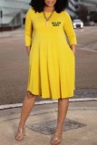 Light Blue Casual Print Letter O Neck A Line Dresses