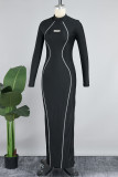 Black Casual Solid Patchwork Slit Turtleneck Long Dress Dresses