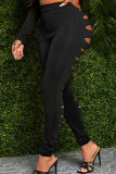 Black Sexy Solid Hollowed Out Patchwork Skinny High Waist Pencil Solid Color Bottoms