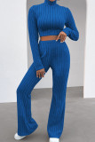 Deep Blue Casual Solid Patchwork Turtleneck Long Sleeve Two Pieces