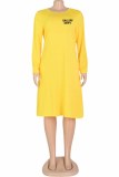 Light Blue Casual Print Letter O Neck A Line Dresses