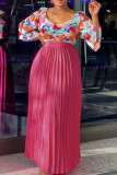 Rose Red Elegant Print Patchwork Pleated Asymmetrical Collar Long Sleeve Two Pieces