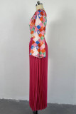 Rose Red Elegant Print Patchwork Pleated Asymmetrical Collar Long Sleeve Two Pieces