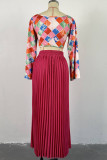 Rose Red Elegant Print Patchwork Pleated Asymmetrical Collar Long Sleeve Two Pieces