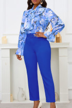 Blue Casual Print Bandage With Belt Long Sleeve Two Pieces