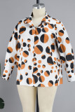 Orange Casual Geometric Patchwork Buckle Shirt Collar Plus Size Tops