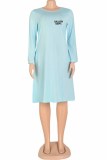 Light Blue Casual Print Letter O Neck A Line Dresses